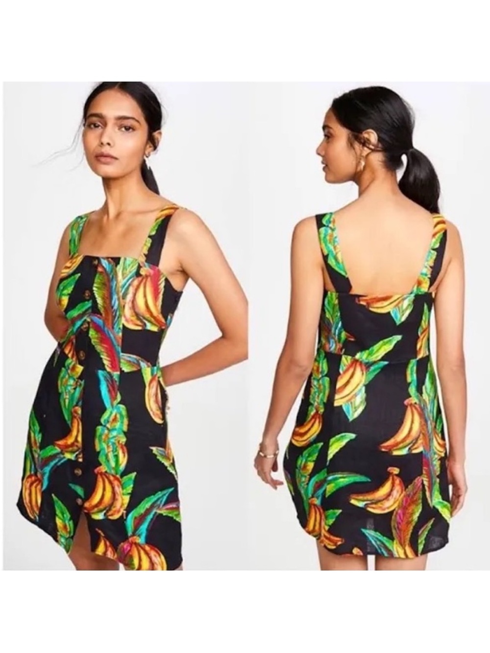 FARM Rio Preta Banana Linen Mini Dress Small Black Tropical Button Front